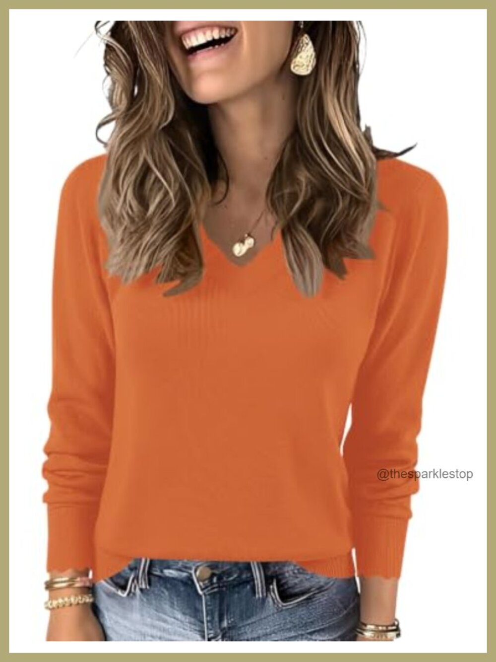 Women Scalloped V Neck Sweater Long Sleeve Loose Knit Pullover Top